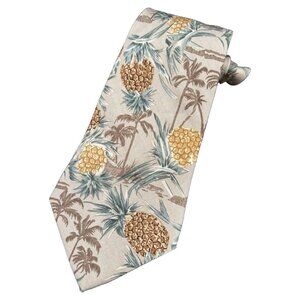 TOMMY BAHAMA Tie Men's 100% Silk Yellow Brown Green Pineapple Floral Palm Trees